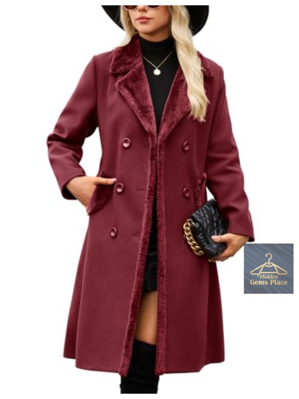 Women's Faux Fur Notched Lapel Double-Breasted Pea Coat Winter
